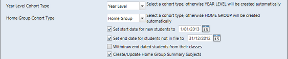 Optionally set start and end dates and create home group summary subjects as part of the Student XML import