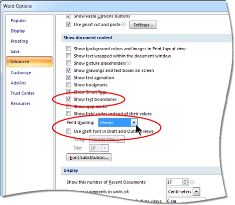 The two circled advanced settings should be selected in the Word Options window