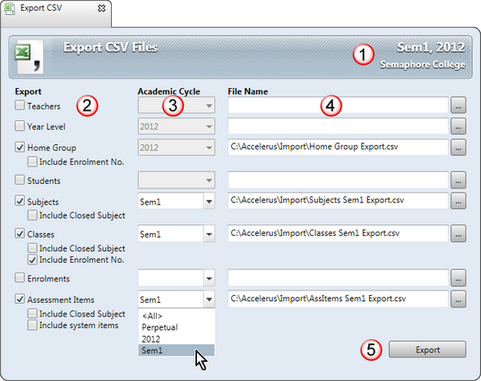 The Import CSV Files window allows the exporting of data from Accelerus into a CSV file.