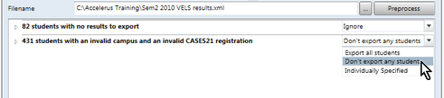 The preprocess pane will list any issues, errors or warnings relating to the VELS domain scores being exported