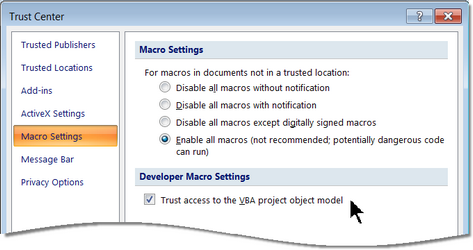 Two macro settings are required to be selected in order to be able to create and print reports