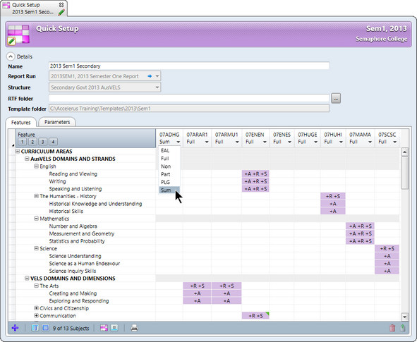 The Quick Setup window, used by Victorian schools to set up VELS reports