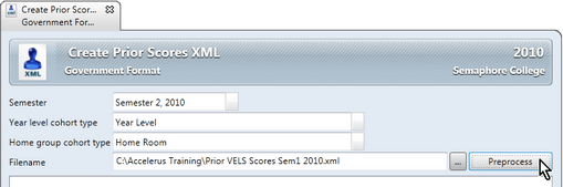 In the Create Prior Scores XML window you enter the details of the semester's VELS results you wish to include