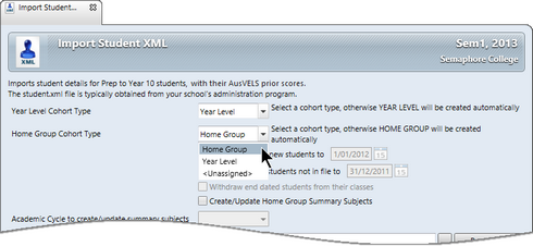 In the top section of the Import Student XML window, make all of the required selections