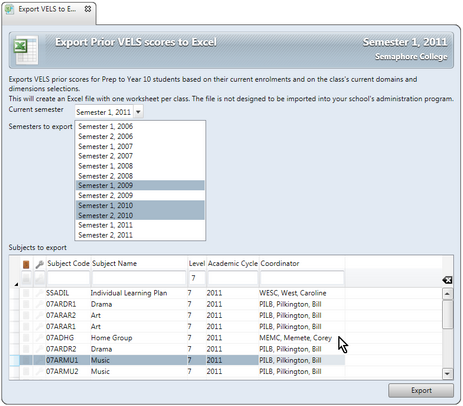 The Export Prior scores to Excel window allows you to produce an Excel spreadsheet with prior scores from selected semesters for current students