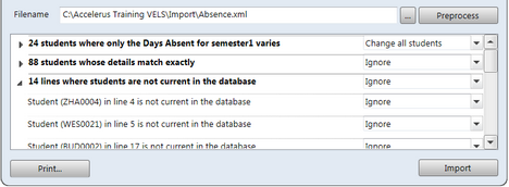 Before importing the absences, you can preprocess the file to see if there are any issues, errors or warnings