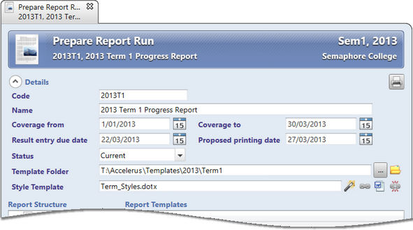 In the Details section of the Prepare Report Run window you enter the details that apply to the whole report run.