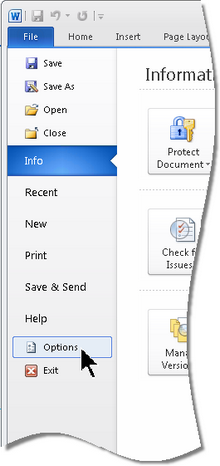 In Word 2010, go to the File menu and select Options.