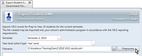 In the Export Student XML window you enter the details of the semester's VELS results you wish to export