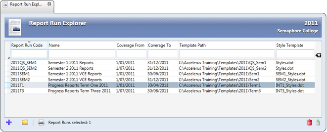 A Report Run Explorer allows you to select and open either the Prepare Report Run or Print Report Run windows for an existing report run