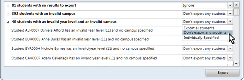 The preprocess pane will list any issues, errors or warnings relating to the prior VELS domain scores being exported