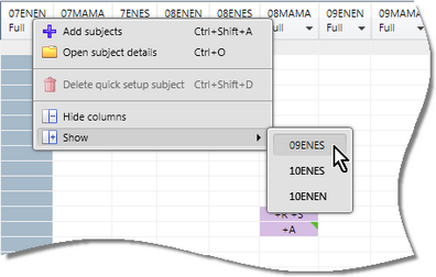 You may hide visible columns and show hidden columns via the right-click context menu